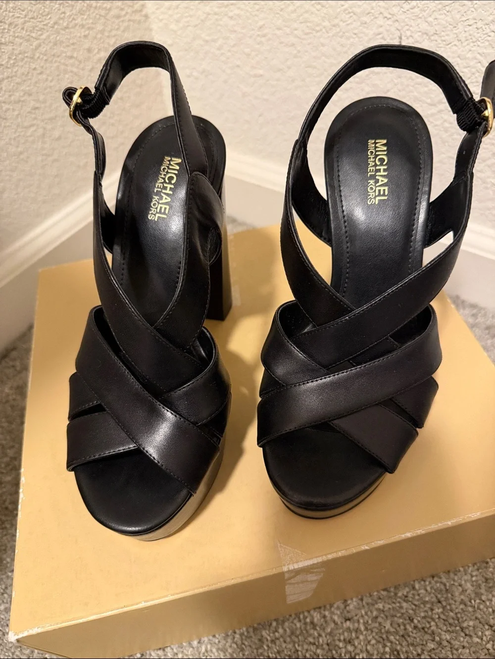 Michael Kors Black Leather Crisscross Platform Heels with Ankle Strap